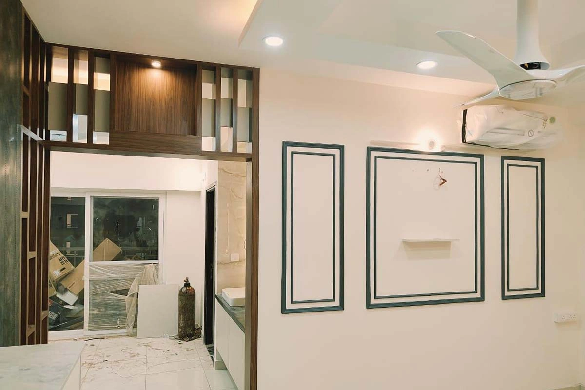 Elegant apartment interior in Chennai combining modern décor, modular furniture, and stylish lighting solutions.