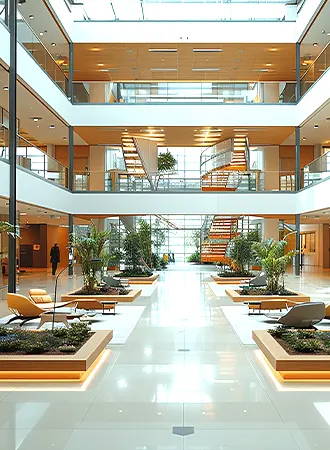 Modern commercial workspace design in Chennai with ergonomic layouts and creative branding interiors.